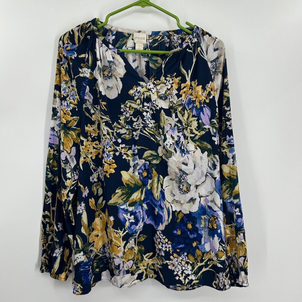 Chicos Floral Split V-Neck Blouse Navy Blue Yellow White Size 1 M Long Sleeve